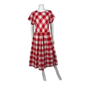 Vintage 80s Checkered Dress Womens Large Red White Picnic Gingham Fit And Flare